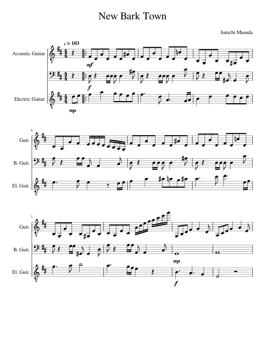 New Bark Town Sheet music for Guitar, Bass guitar (Rock band