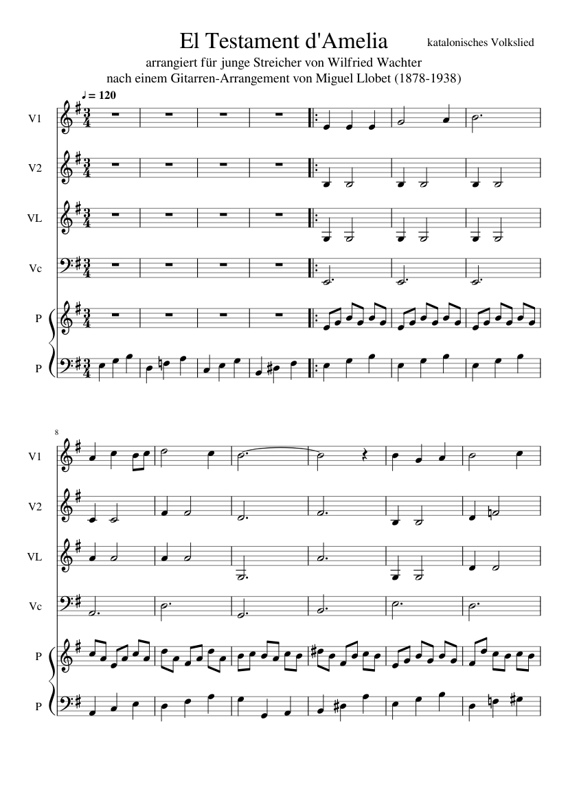 El Testament d'Amelia Sheet music for Piano, Violin, Strings group (Mixed  Ensemble) | Download and print in PDF or MIDI free sheet music for El  Testament d'Amèlia by Anonymous (classical )