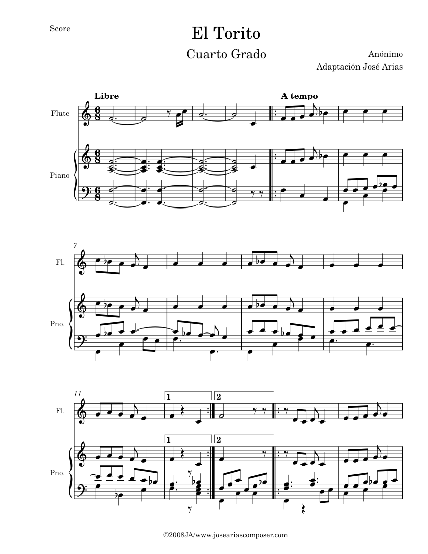 El Torito – Anonymous 4to Grado Sheet Music for Piano, Flute (Solo ...