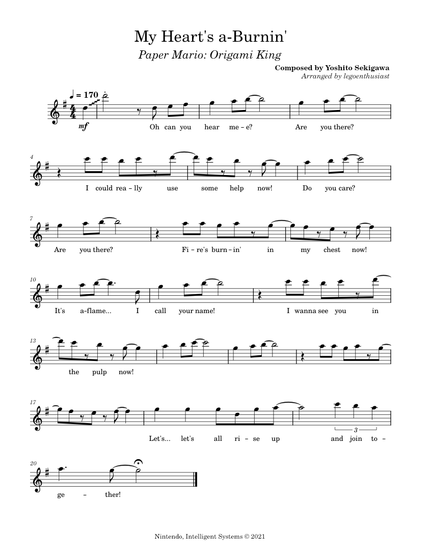 My Heart's aBurnin' Paper Mario Origami King Sheet music for Flute