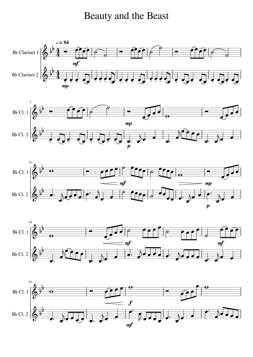 Beauty and the Beast Sheet music for in bflat (Woodwind Duet