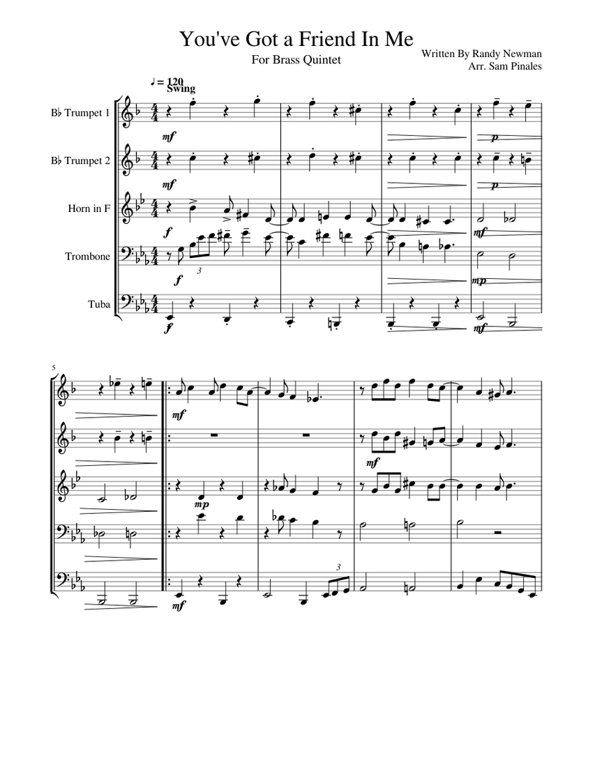 You Ve Got A Friend In Me Sheet Music For Trumpet In B Flat Trombone French Horn Tuba Brass Quintet Musescore Com