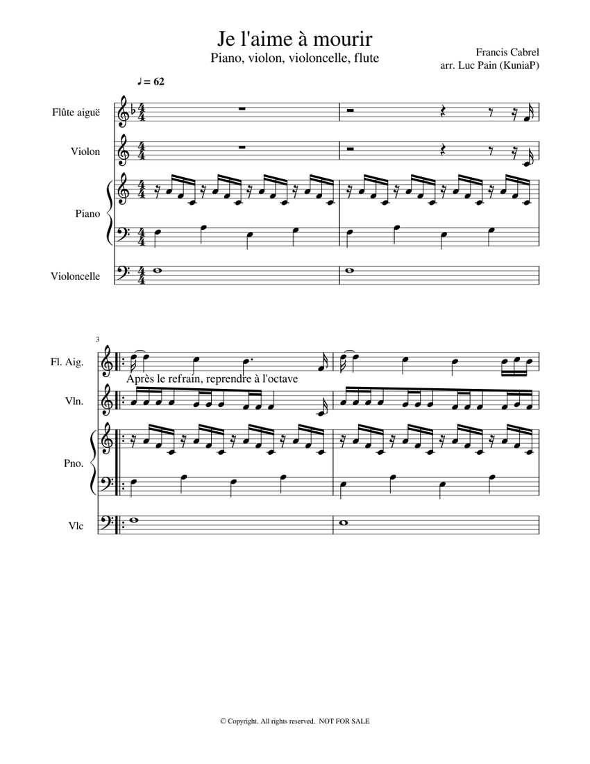 Je l'aime à mourir – Francis Cabrel Je l'aime à mourir - Francis Cabrel Sheet  music for Piano, Flute, Violin, Cello (Mixed Trio) | Musescore.com