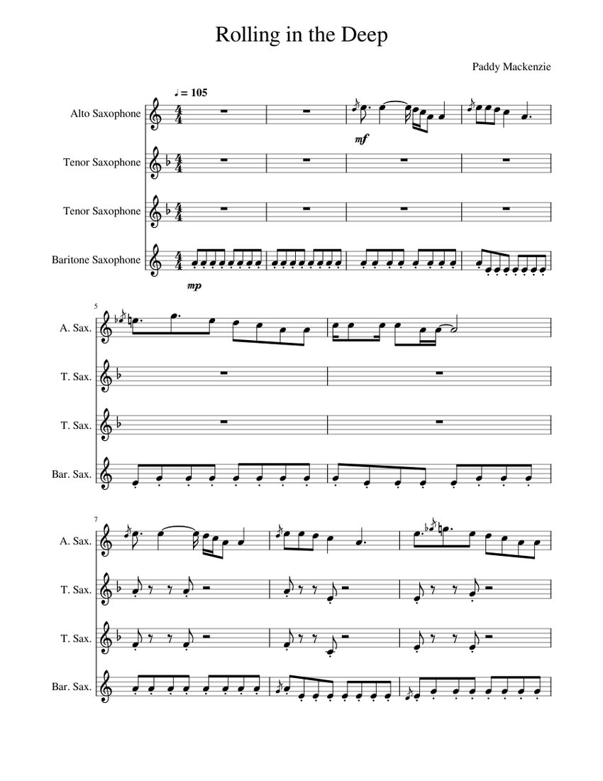 Rolling in the Deep - Sax Quartet Sheet music for Saxophone alto, Saxophone  tenor, Saxophone baritone (Saxophone Ensemble) | Musescore.com