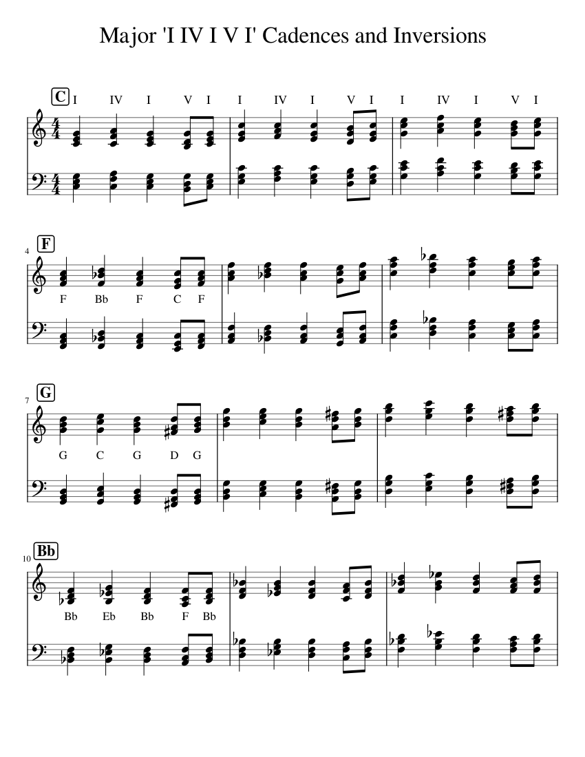 I IV I V Cadences and Inversions Sheet Music with Chords for Piano ...