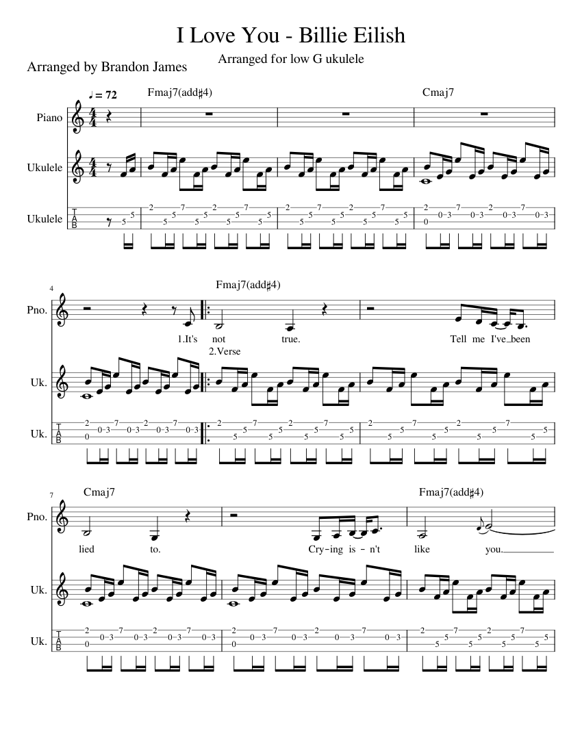 I Love You - Billie Eilish - Melody, Lyrics, Ukulele Arrangement, Tabliture  Sheet music for Piano, Ukulele (Mixed Trio) | Musescore.com