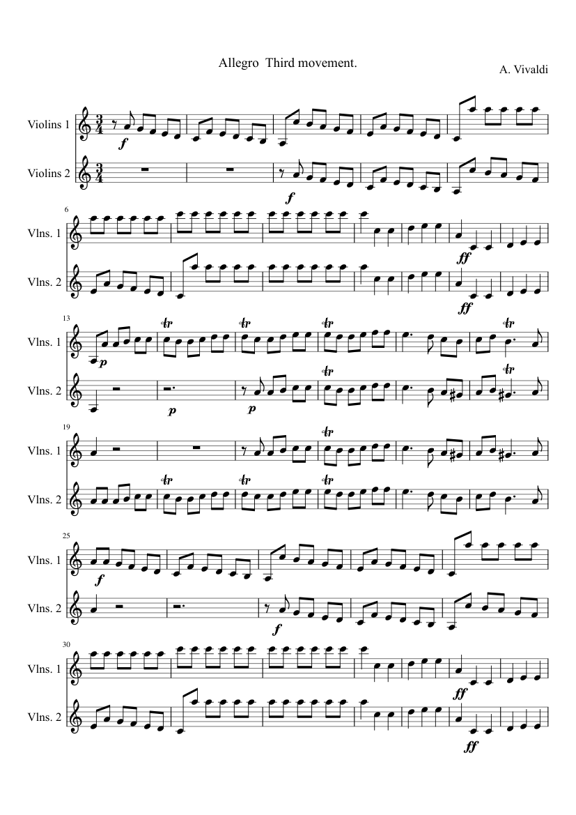VIVALDI CONCERTO 2 VIOLINS A MINOR 3RD MOVEMENT Sheet music for Strings  group (String Duet) | Musescore.com