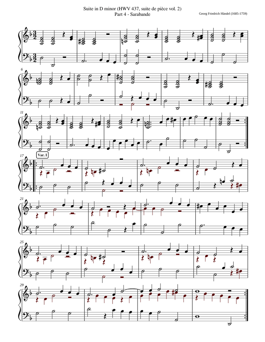 Sarabande, Suite in D minor (HWV 437) Sheet music for Harpsichord (Solo) |  Musescore.com