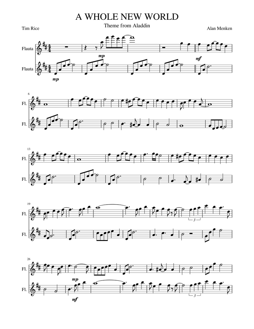 A Whole New World Sheet music for Flute (Woodwind Duet)