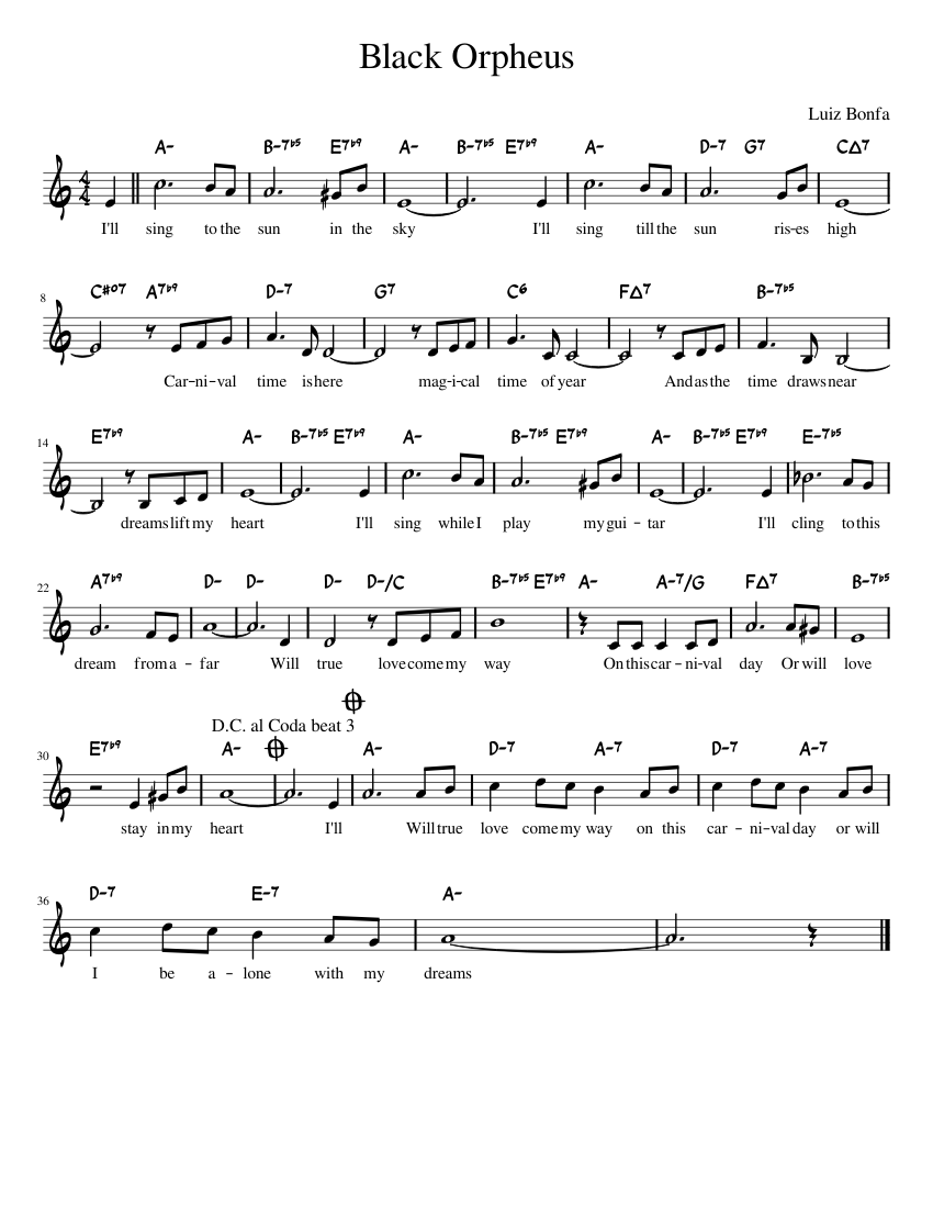 Black Orpheus Sheet Music For Piano Solo Easy 