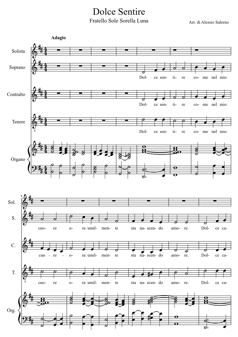 Dolce Sentire arr. Sheet music for Soprano, Alto, Tenor, Organ & more  instruments (Mixed Quintet) | Musescore.com
