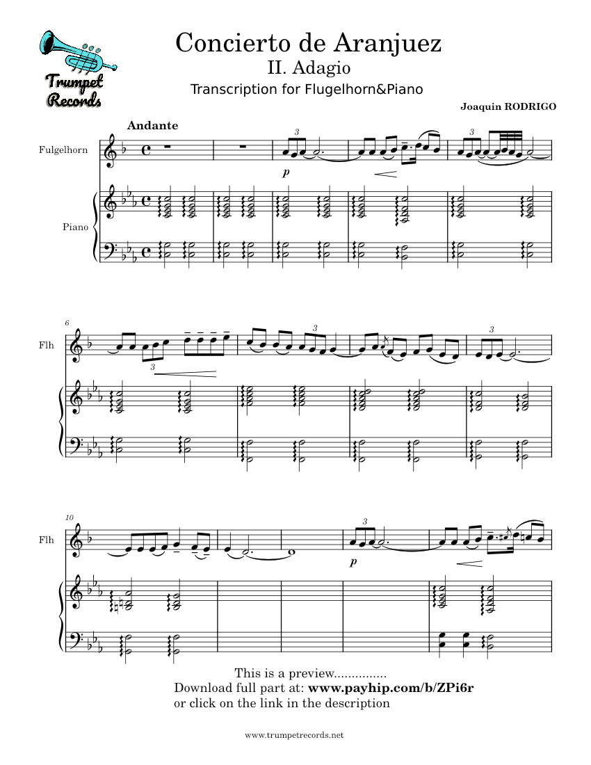 Concierto de Aranjuez Adagio (Flugelhorn/Trumpet & Piano PDF) Sheet