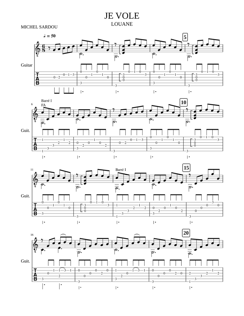 JE VOLE partition tablature Sheet music for Guitar (Solo) | Musescore.com