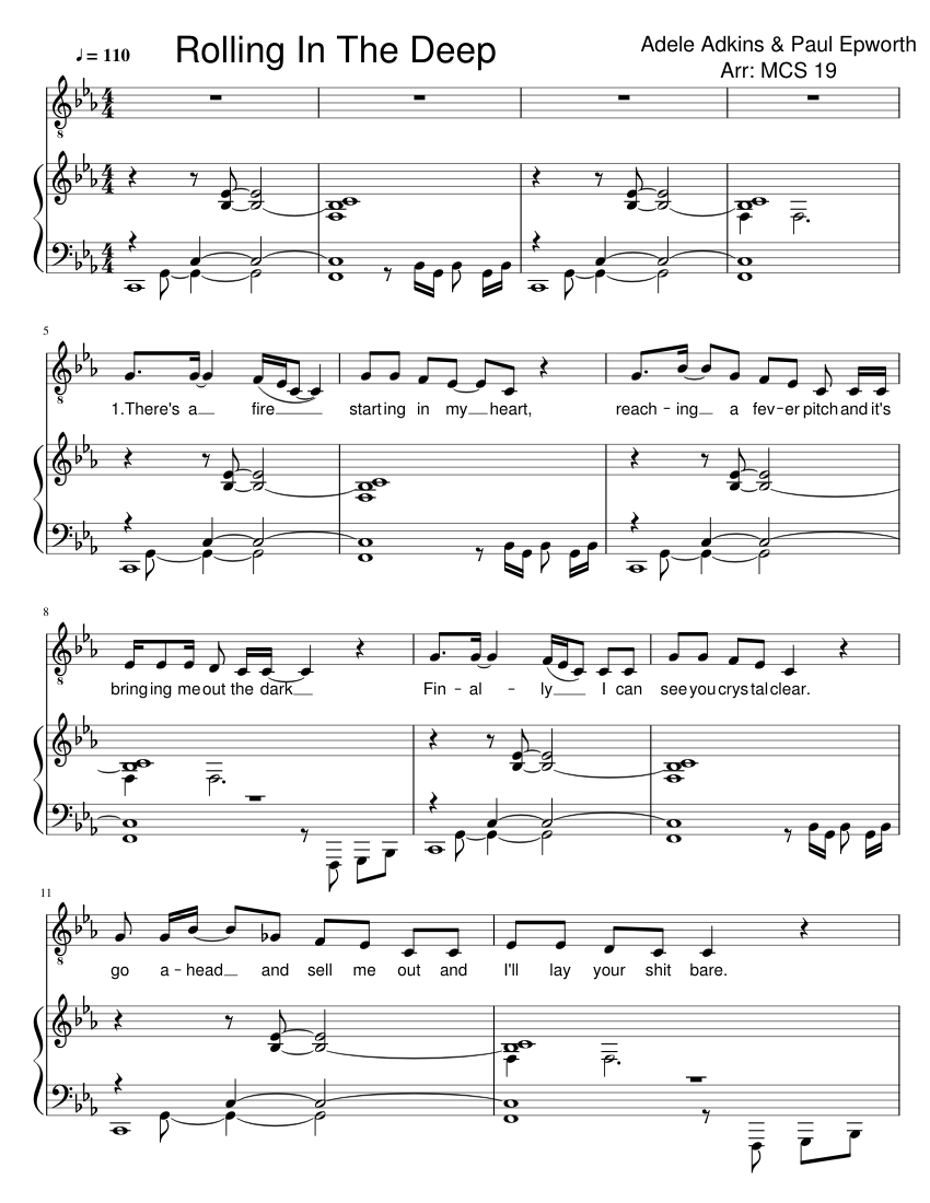 Rolling In The Deep Sheet Music For Piano Vocals Solo