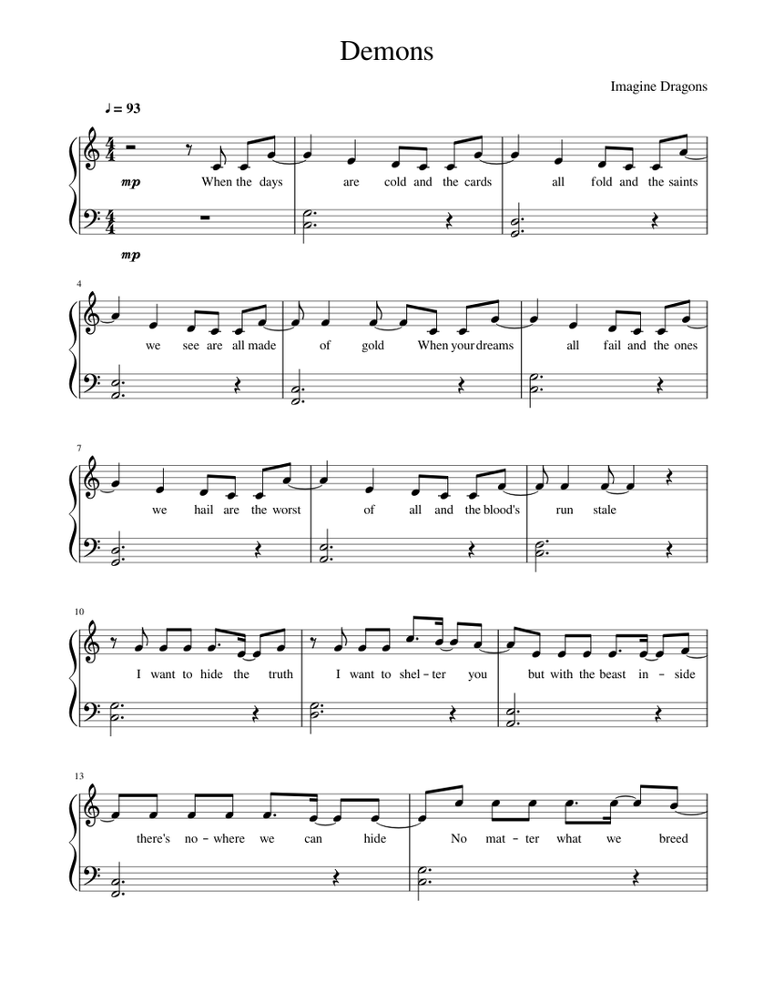 Demons ~ Imagine Dragons [Easy version] Sheet music for Piano (Solo) |  Musescore.com
