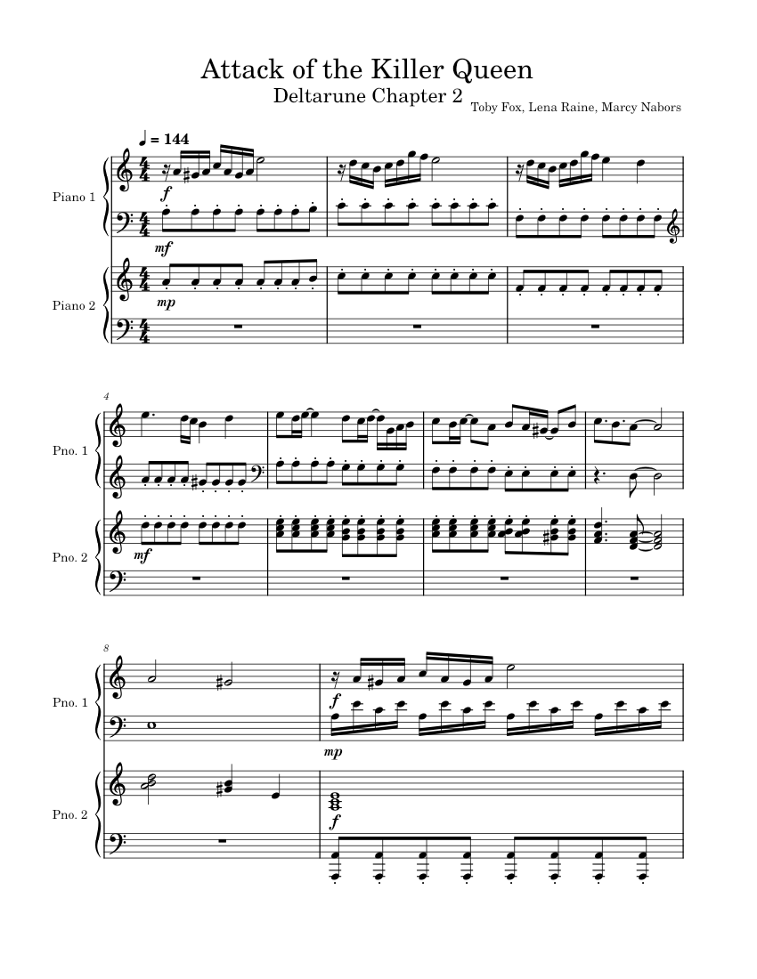 Attack of the Killer Queen – Toby Fox, Lena Raine, Marcy Nabors Sheet music  for Piano (Piano Duo) | Musescore.com