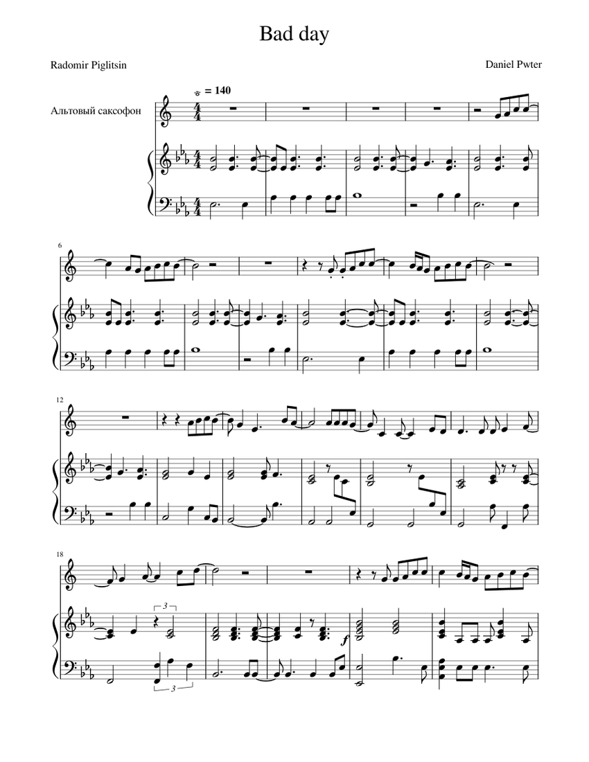 Bad day Sheet music for Piano, Saxophone alto (Solo)
