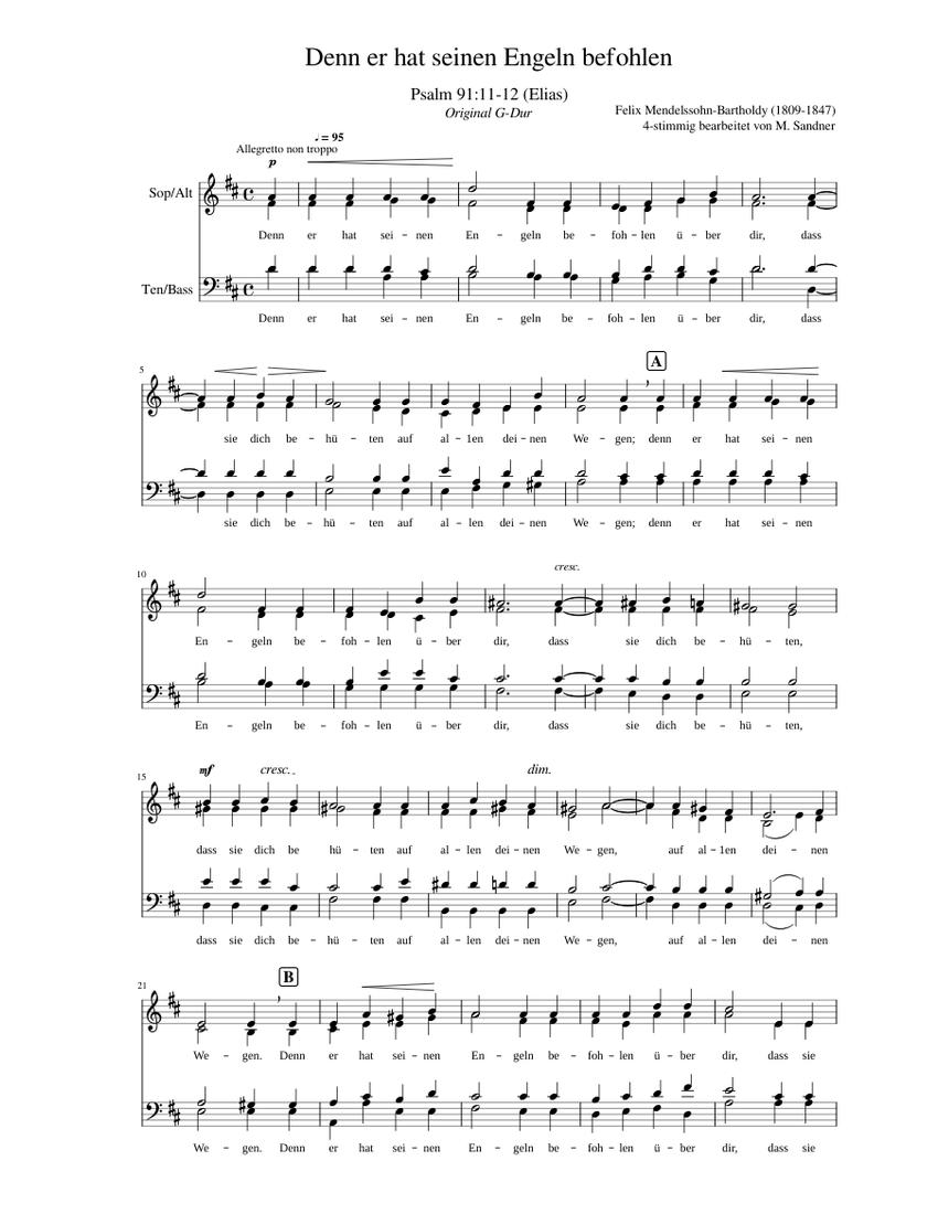 Denn er hat seinen Engeln (Mendelssohn - Elias) Sheet music for Alto, Bass  voice (SATB) | Musescore.com