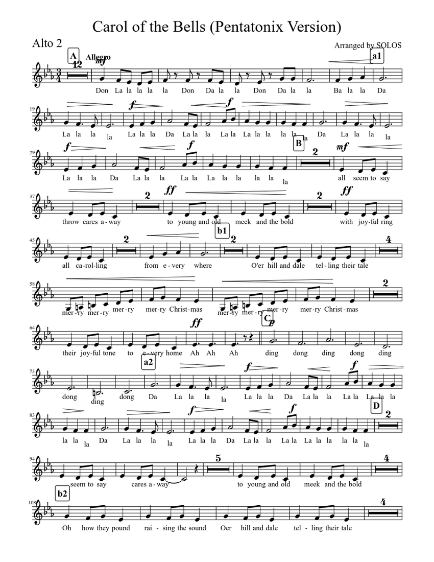 Carol of the Bells (Alto2 alone) Sheet music for Alto (Solo) | Download ...