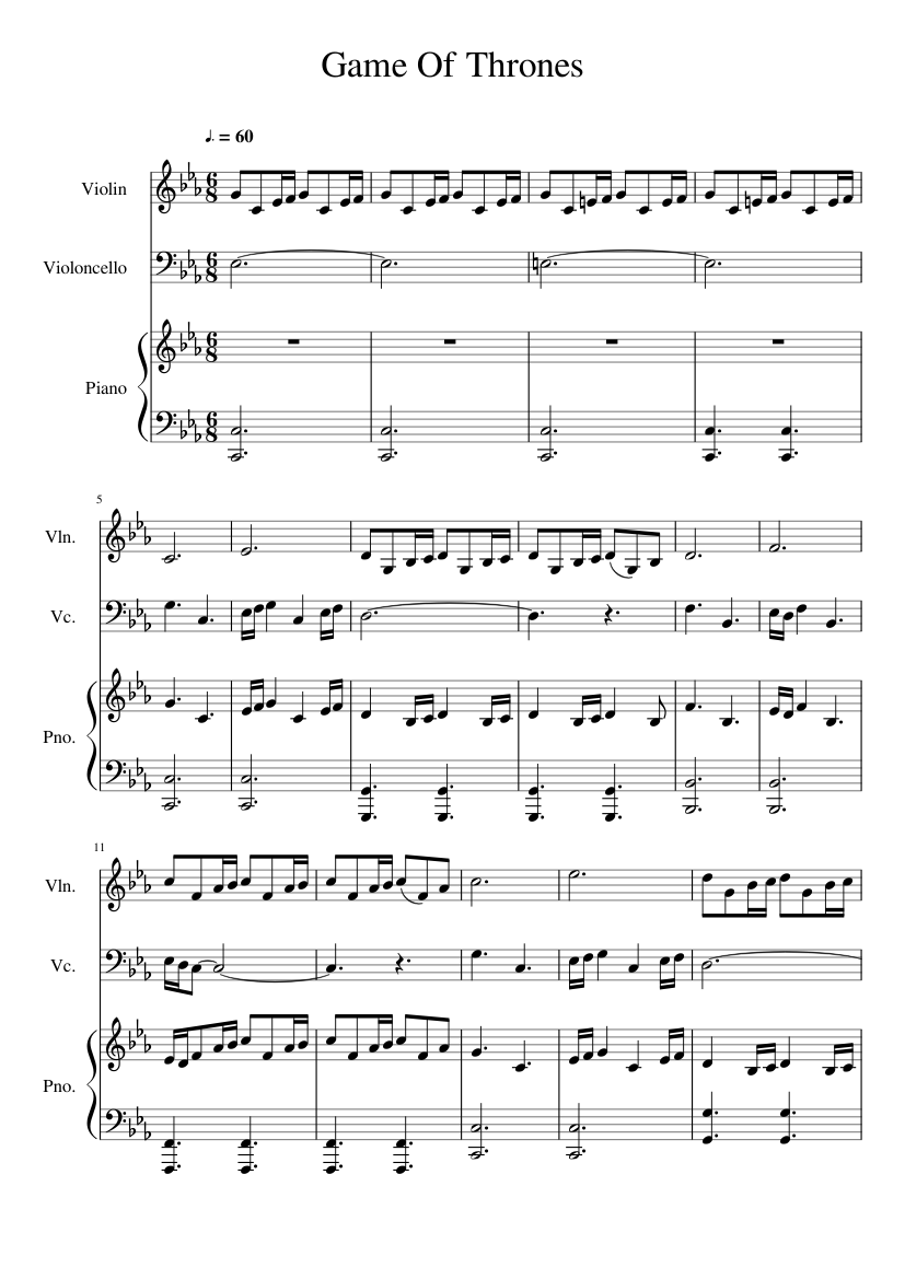 Game Of Thrones Piano Trio Sheet Music For Piano Violin Cello Piano