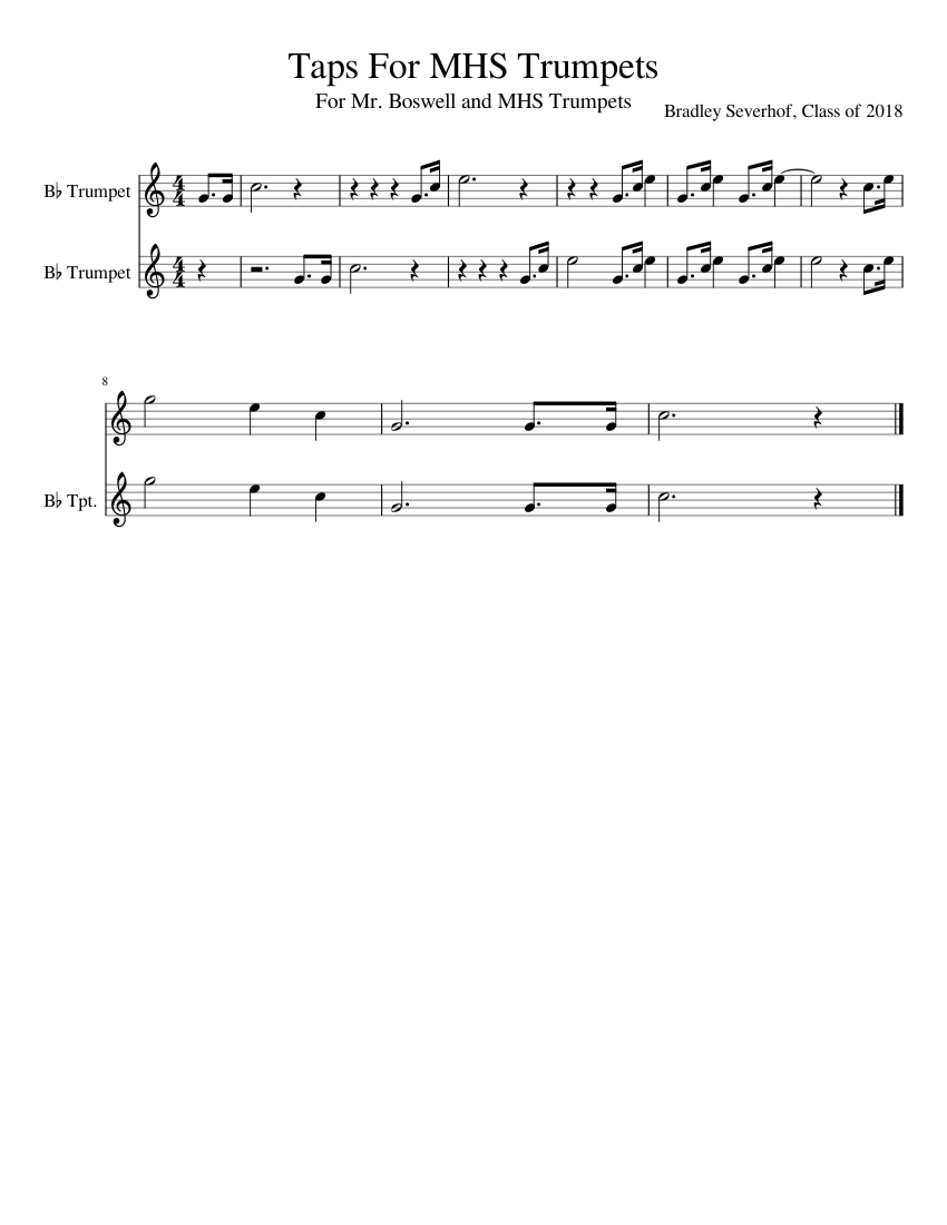 Taps For MHS Trumpets Sheet Music For Trumpet (In B Flat) (Brass Duet ...