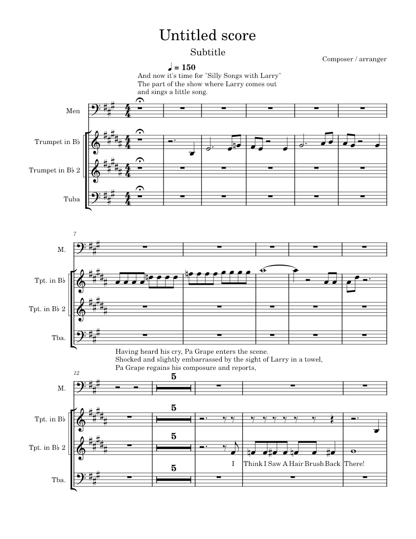The Hairbrush Song- Veggie Tales Sheet music for Tuba, Synthesizer ...