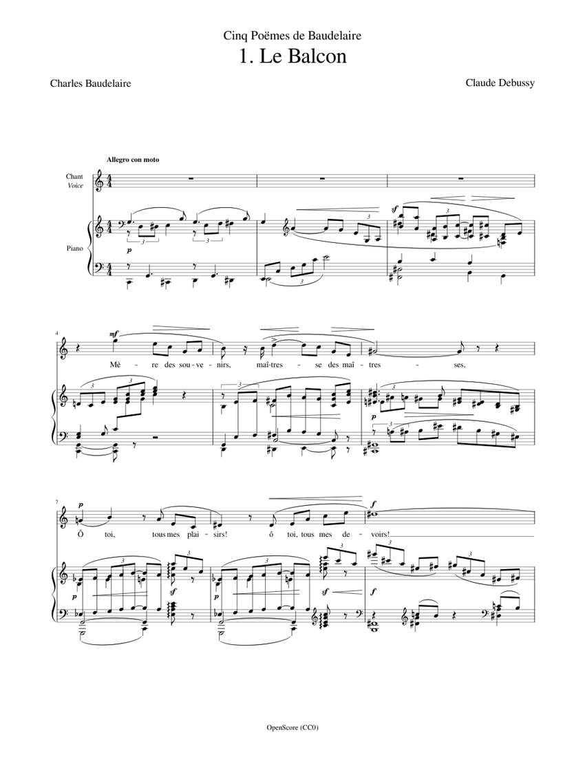 Debussy, Claude Cinq Poëmes de Baudelaire, No.1 Le Balcon piano — free download