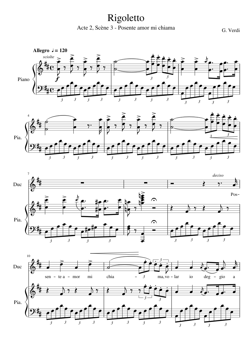 Verdi, Rigoletto: Act 2 - Posente amor mi chiama Sheet music for Piano,  Tenor, Bass voice, Baritone & more instruments (Mixed Ensemble) |  Musescore.com