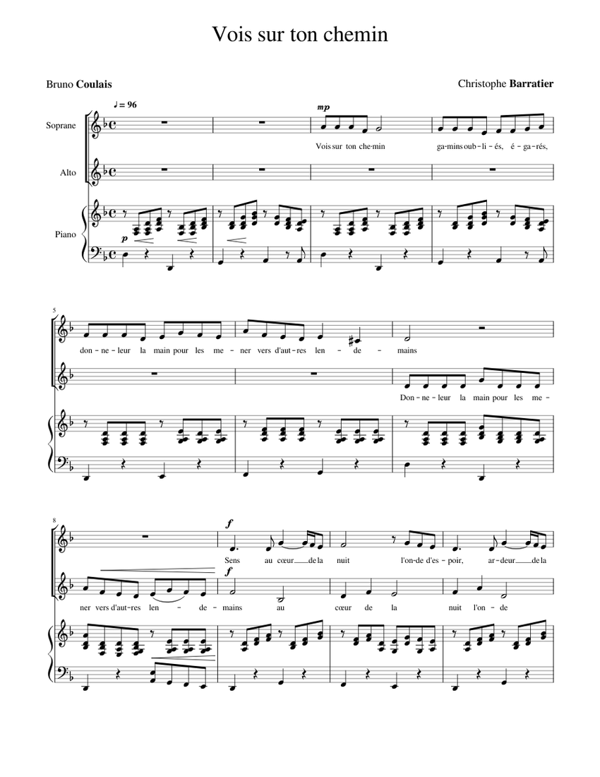 Vois sur ton chemin - Les Choristes Sheet music for Piano, Soprano, Alto  (Mixed Trio) | Musescore.com