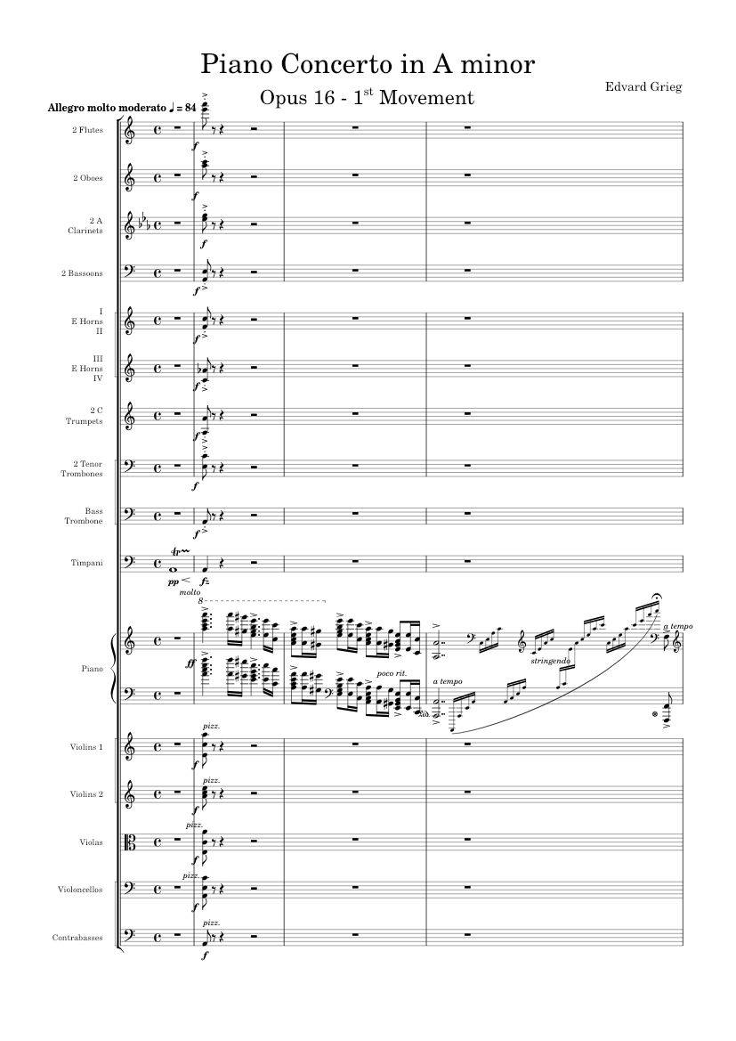 Piano Concerto in A minor Opus 16, Grieg, 1st Movement - Allegro molto  moderato Sheet music for Piano, Trombone tenor, Trombone bass, Flute & more  instruments (Mixed Ensemble) | Musescore.com