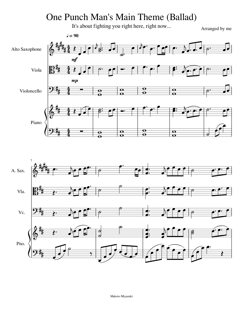 One Punch Man S Main Theme Ballad Sheet Music For Piano Saxophone Alto Cello Viola Mixed Quartet Musescore Com