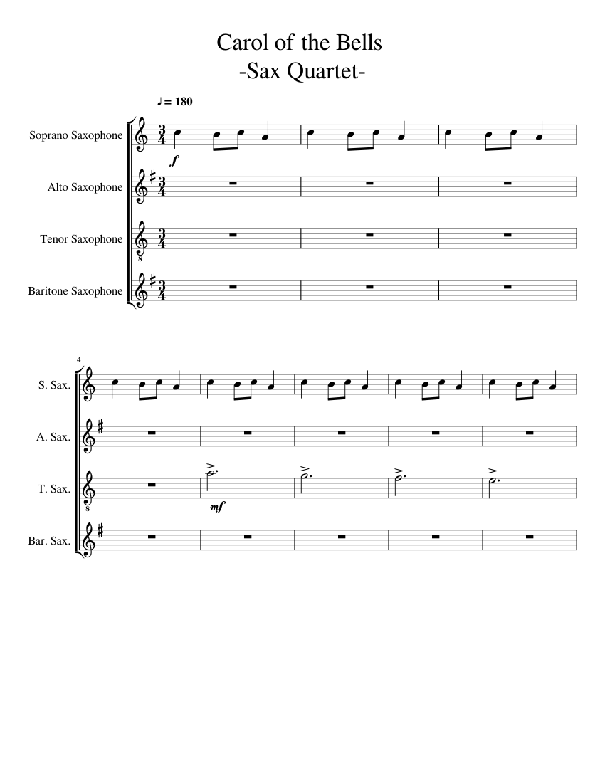 Carol of the Bells Sax Quartet Sheet music for Saxophone alto ...