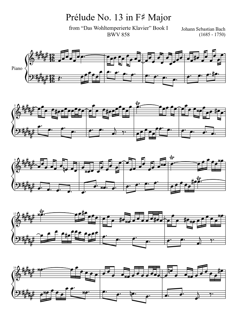 Prélude No. 13 BWV 858 in F♯ Major Sheet music for Piano (Solo) |  Musescore.com