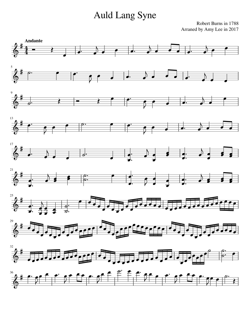 Auld Lang Syne - Robert Burns - Arranged by Amy Lee Sheet music for ...