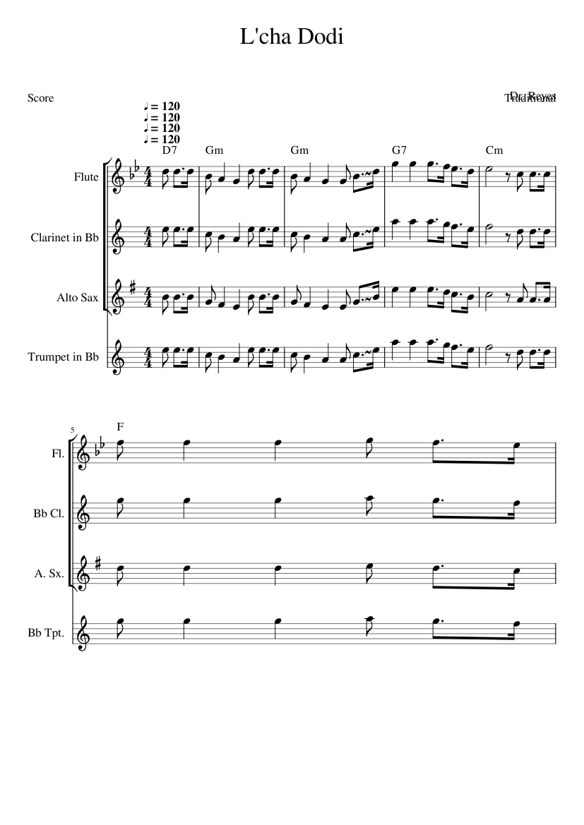 L'cha Dodi Sheet music for Flute, Clarinet in b-flat, Saxophone alto ...