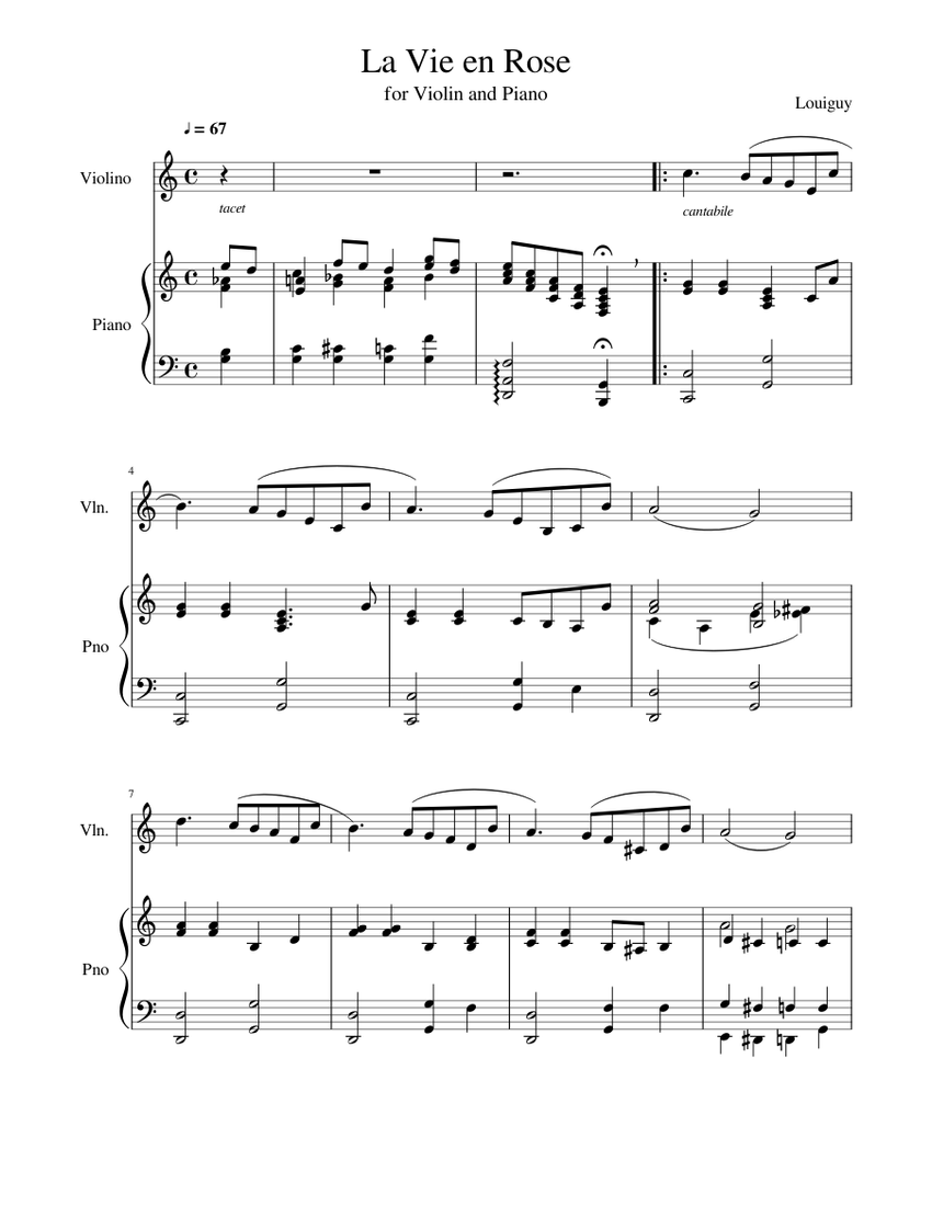 La Vie en Rose Sheet music for Piano, Violin (Solo) | Musescore.com