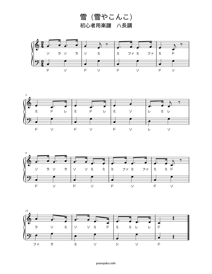 雪 雪やこんこ ドレミ付き 初心者用楽譜 ハ長調 Sheet Music For Piano Solo Musescore Com