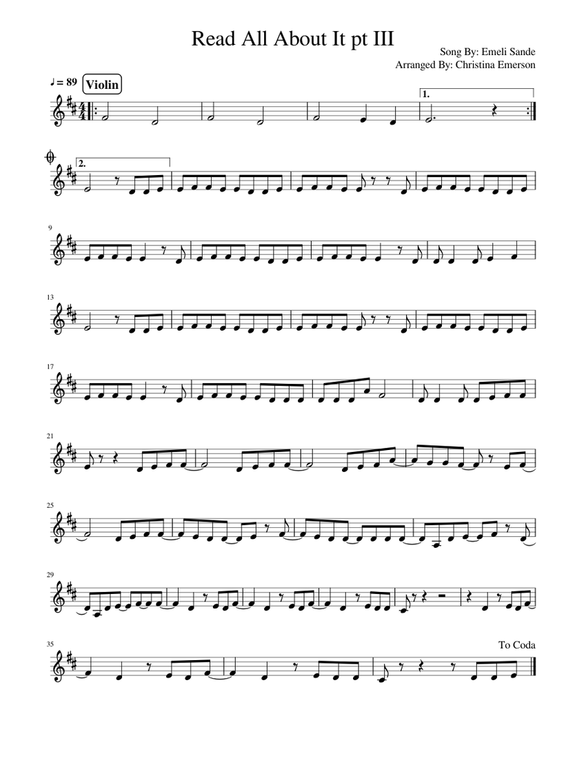 Read All About It Emeli Sande Sheet music for Violin (Solo) | Musescore.com