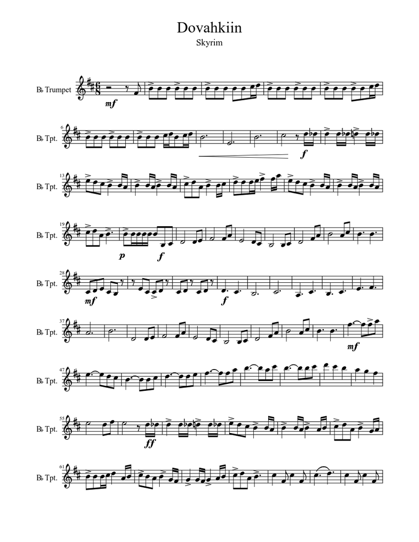 Dovahkiin Trumpet Solo Sheet Music For Trumpet Solo Musescore Com