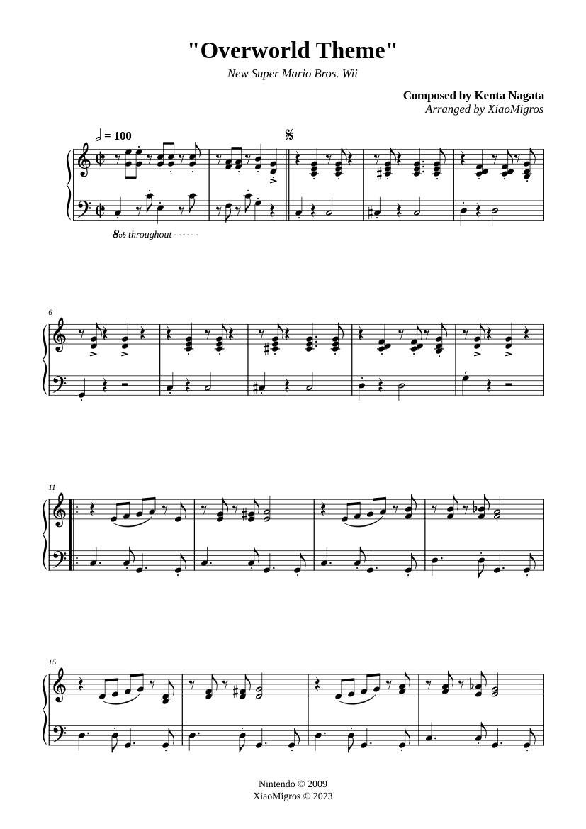 Overworld Theme - New Super Mario Bros. Wii Sheet Music for Piano (Solo ...