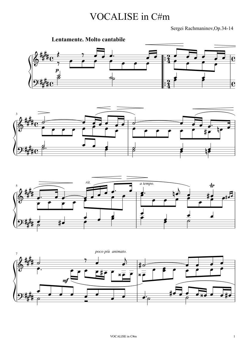 Rachmaninov - VOCALISE in C#m Sheet music for Piano (Solo) | Musescore.com