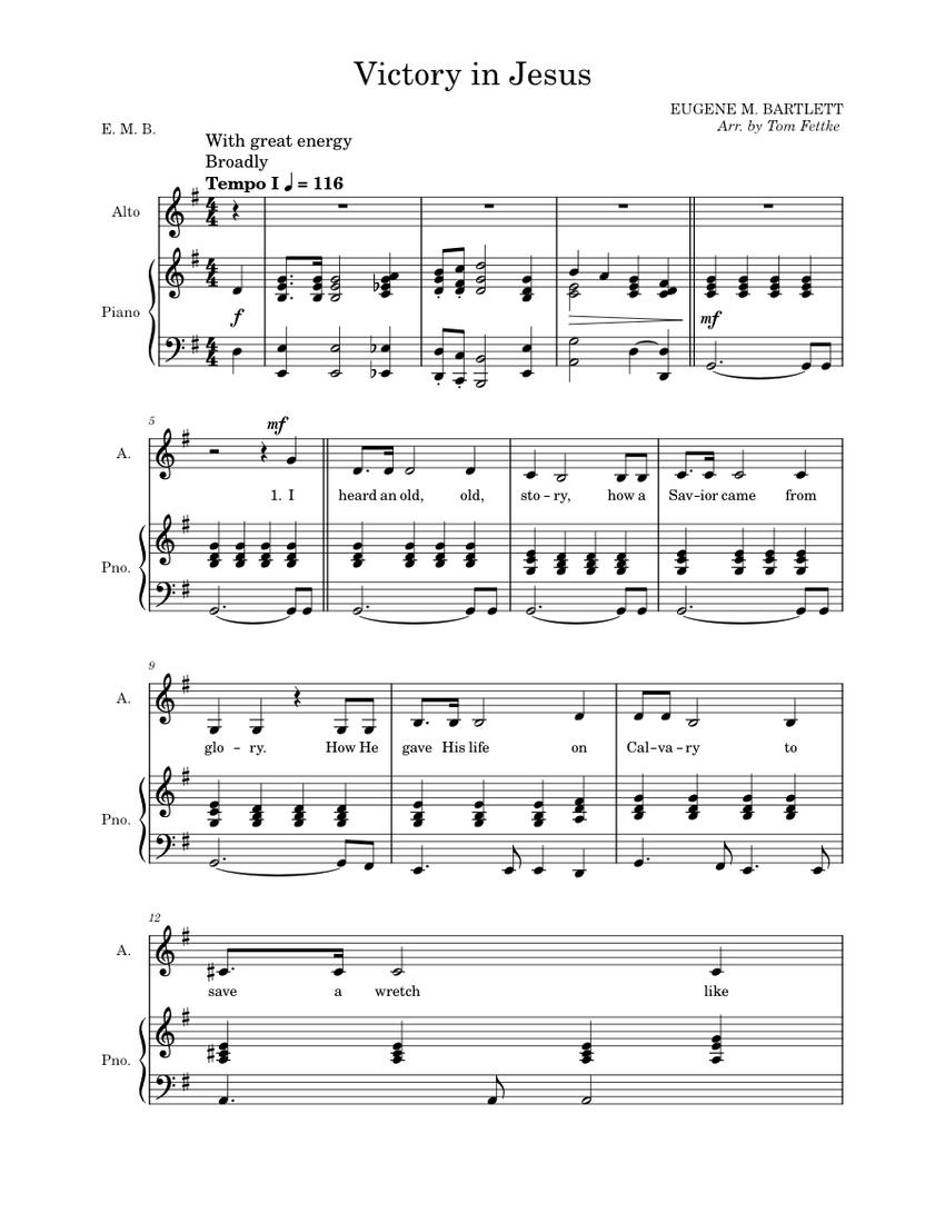 Victory in Jesus – Eugene Bartlett Victory in Jesus –Alto - Piano Sheet ...