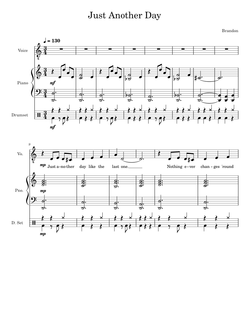 Just Another Day Sheet music for Piano, Vocals, Drum group (Mixed Trio