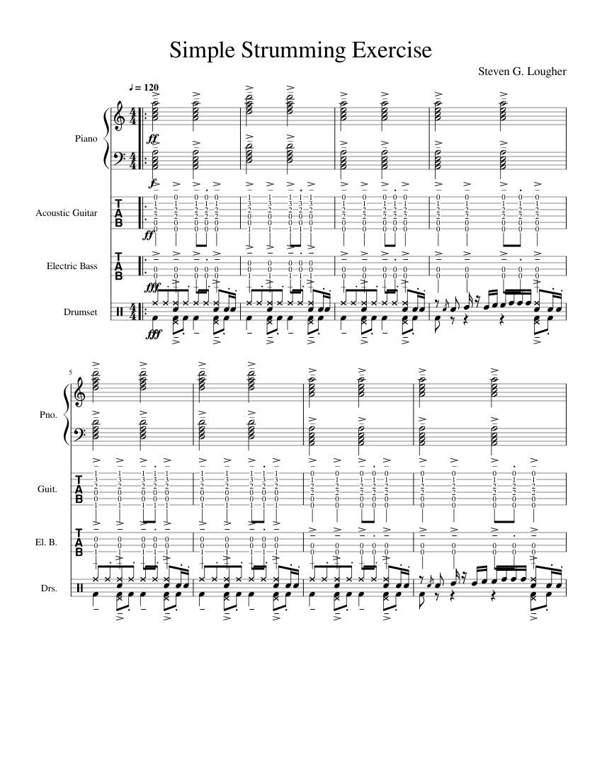 Simple Strumming Exercise For Guitar And Bass In A Minor Sheet Music For Piano Guitar Bass 