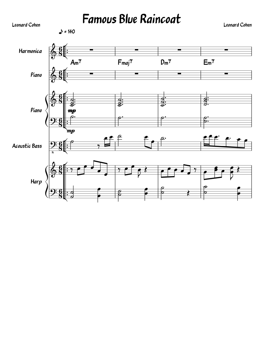 Famous Blue Raincoat Sheet music for Piano, Bass guitar, Harp, Harmonica  (Mixed Quintet) | Musescore.com