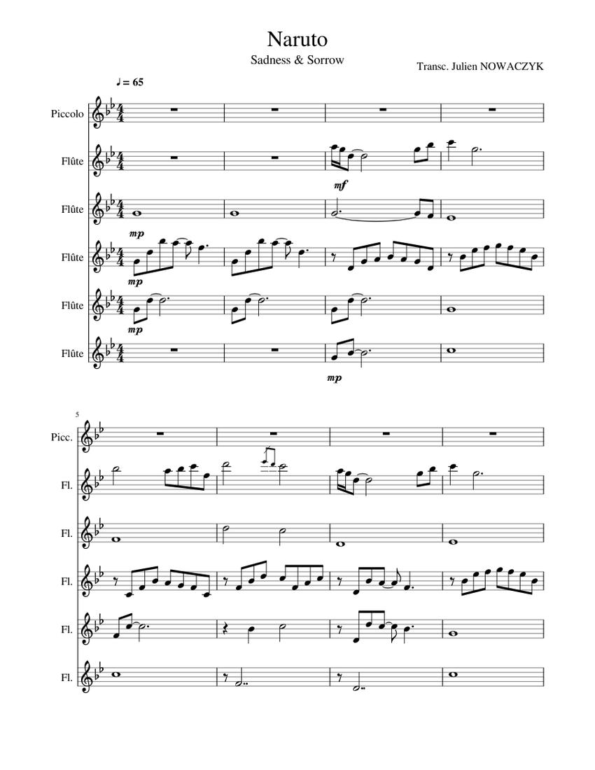 Naruto Sadness & sorrow Sheet music for Flute piccolo, Flute