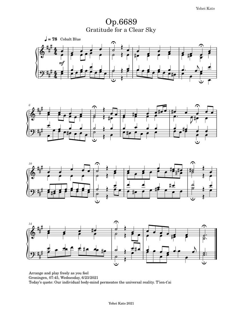 Op 6689 Gratitude For A Clear Sky Sheet Music For Piano Solo