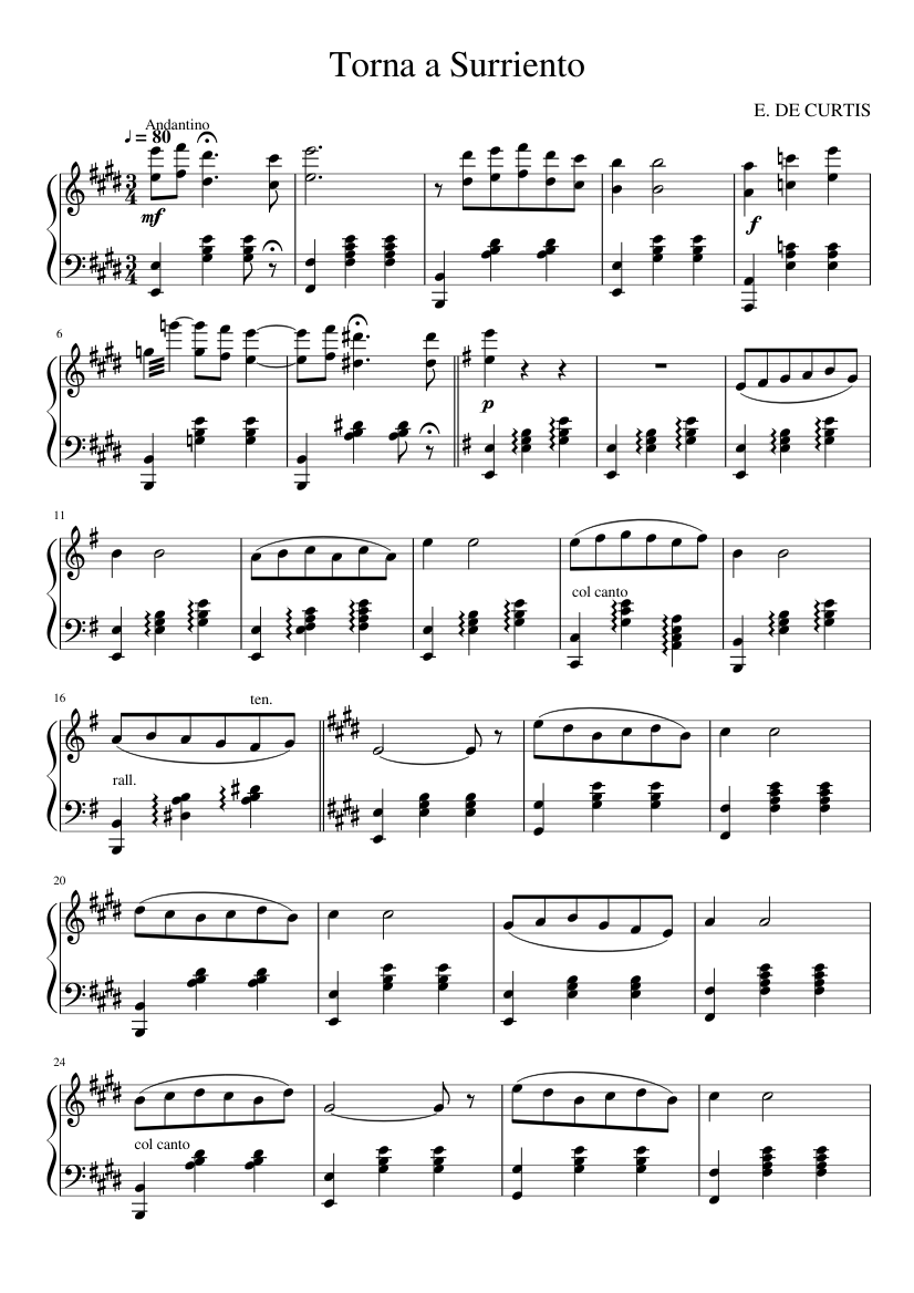 Torna a Surriento Sheet music for Piano (Solo) | Musescore.com