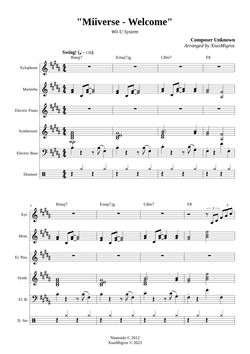 Miiverse Notes Miiverse - Welcome Sheet Music for Piano, Bass guitar, Drum group ...