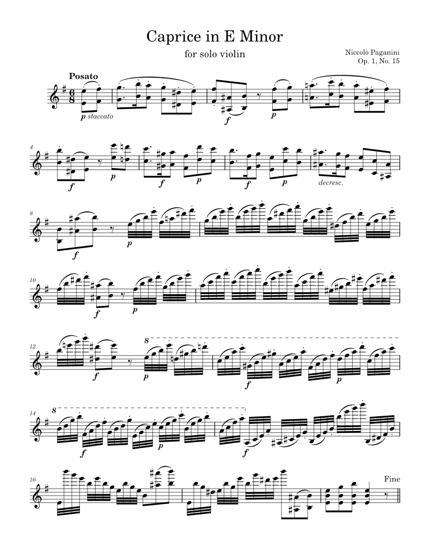 Solo Violin Caprice No. 15 in E Minor - N. Paganini, Op. 1, No. 15 Sheet  music for Violin (Solo) | Download and print in PDF or MIDI free sheet music  for